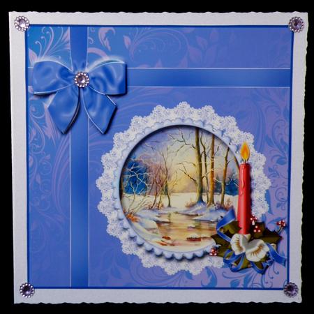8x8 Forest Stream in Winter with Candle and Bow Decoupage by Suzi Cooper