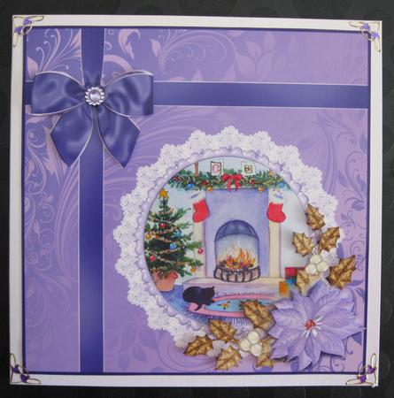 8x8 Cat by the Fire with Poinsettia and Bow Decoupage by Suzi Cooper