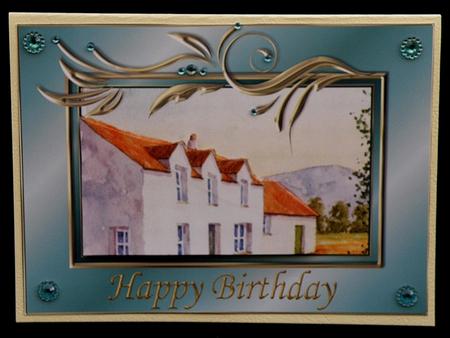 Thatched Cottage with Scenic Mountains Scroll Frame A4 by Suzi Cooper