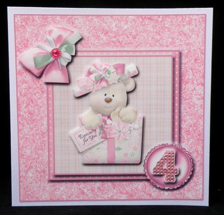 8x8 Pink Birthday Bear 4th Birthday with Decoupage by Suzi Cooper