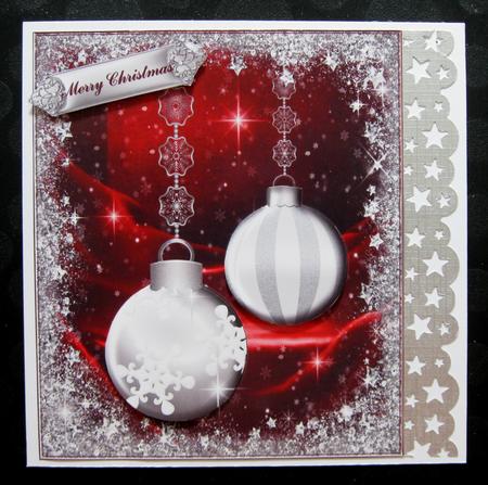 Silver Baubles on a Red Silk Card Front/topper by Suzi Cooper