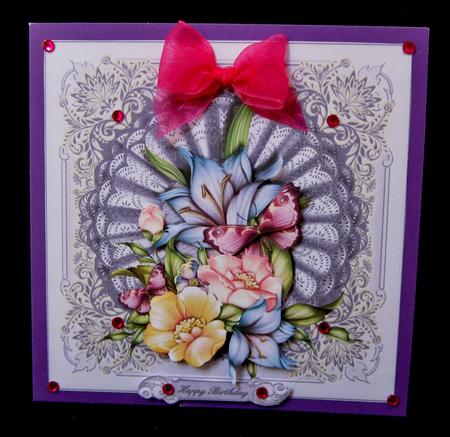 Flora on a Lilac Doiley Card Topper by Suzi Cooper