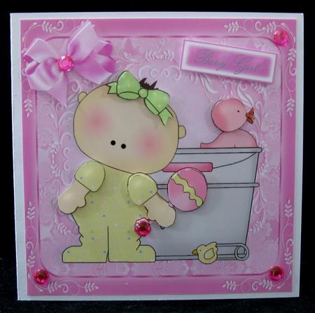 Baby Girl in a Bucket with Rattle & Duck 8x8 by Suzi Cooper