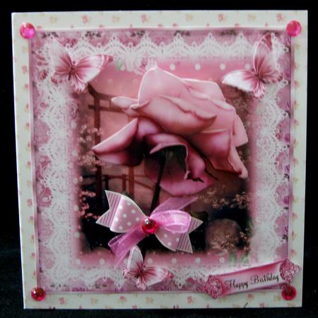 The Pink Rose and Paper Bow Card Front by Suzi Cooper