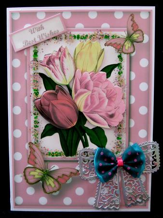 Pink Tulips Decoupage Card Front by Suzi Cooper