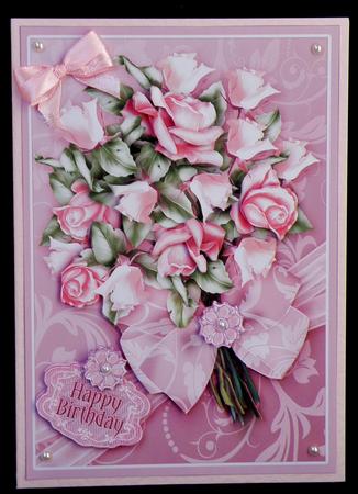 Summer Pink Roses Bouquet in a Ribbon Wrap A5 by Suzi Cooper