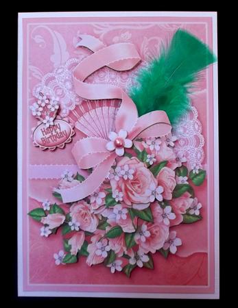 Pink Roses on a Lace Fan Decoupage by Suzi Cooper