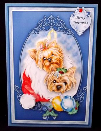 Christmas Yorkies in Santa Hat Topper & Decoupage by Suzi Cooper