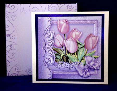 Pink Tulips in a Lilac Rope Frame - 8in x 8in Decoupage by Suzi Cooper