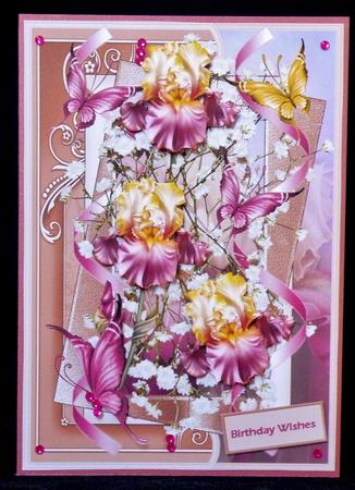 Pink Iris and Butterfly Card with Decoupage by Suzi Cooper