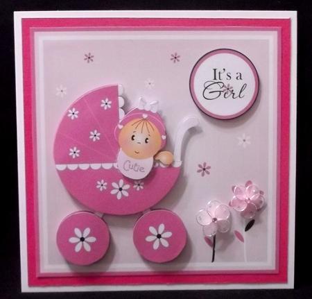 Baby Girl in Pink Pram New Baby Card by Suzi Cooper