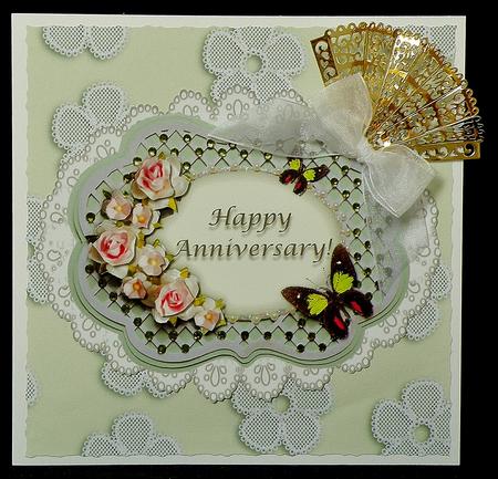 Anniversary Roses Butterfly & Lace Decoupage Card Topper by Suzi Cooper