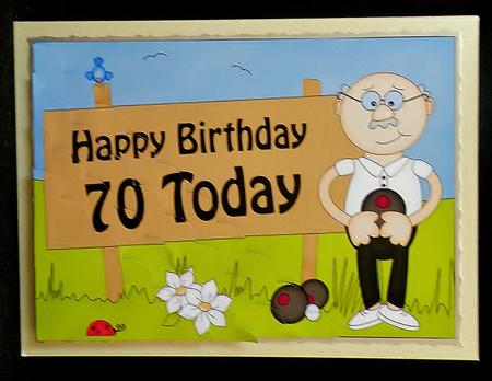 5x7 70th Birthday Bert Plays Bowls Scallop Corner by Suzi Cooper
