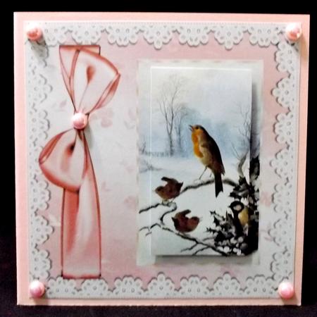 Pretty Robins in the Snow with Pink Bow 8x8 by Suzi Cooper