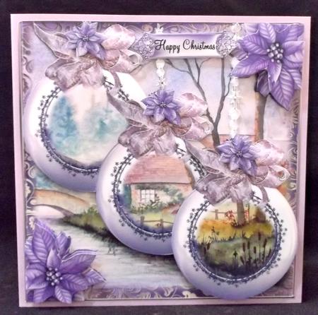Beautiful Lilac Poinsettia Baubles Card Front Kit by Suzi Cooper
