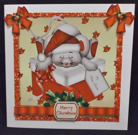 Sleepy Mouse in Santa Hat, on a Present with Bows 8x8 by Suzi Cooper