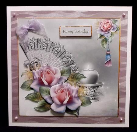 Pink Rose and Fan Card with Decoupage by Suzi Cooper
