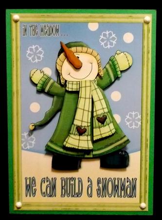 We Can Build a Snowman Decoupage Card Front - Green by Suzi Cooper