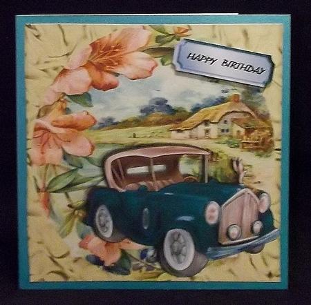 Turq Vintage Car with Flowers and a Cottage 8x8 by Suzi Cooper