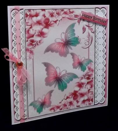 Pretty Pink Butterflies with Flowers on Lace 8x8 by Suzi Cooper