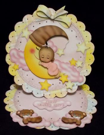 Baby Girl on the Moon Dark Skin Scalloped Round Easel Card by Suzi Cooper