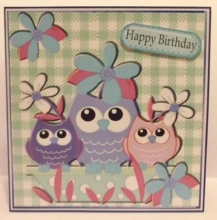 Owl Family in Purple with Flowers 8x8 by Suzi Cooper