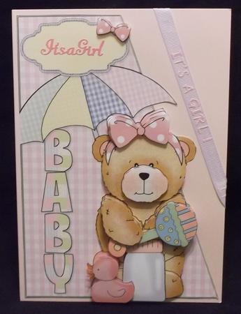 Baby Shower Girl Bear with Word Card Front and Decoupage by Suzi Cooper