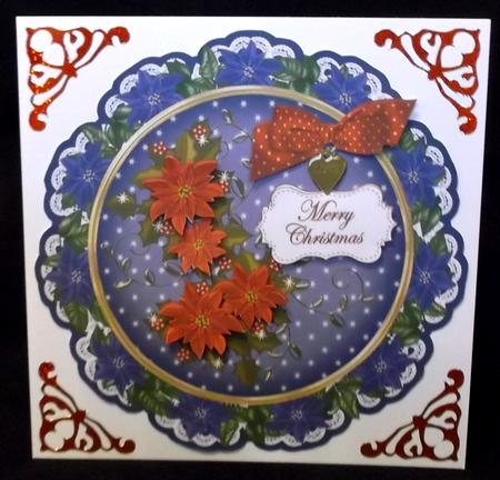 Blue R Poinsettia Merry Christmas 8in Doily Decoupage Topper by Suzi Cooper