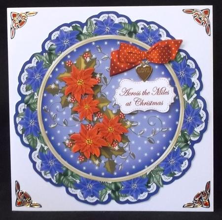 Blue Red Poinsettia Across Miles 8in Doily Decoupage Topper by Suzi Cooper