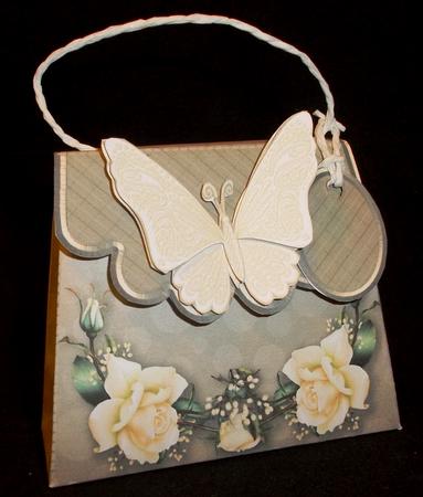 Handbag Gift Box Cream Roses on a Spotted Bgd with Butterfly by Suzi Cooper