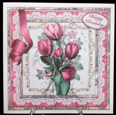 Tulip Bouquet in Lace Frame Large Square Card Front by Suzi Cooper
