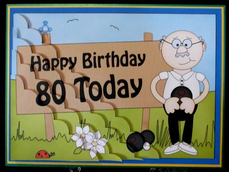 5x7 80th Birthday Old Man Bert Bowls Scallop Corner by Suzi Cooper