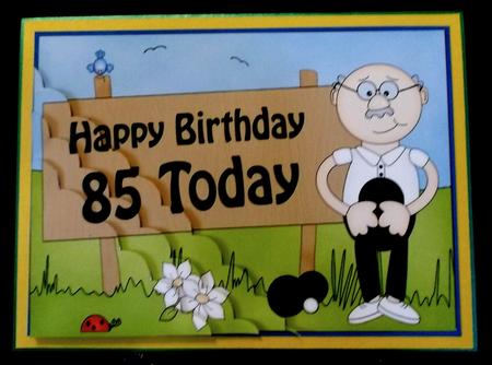5x7 85th Birthday Old Man Bert Bowls Scallop Corner by Suzi Cooper