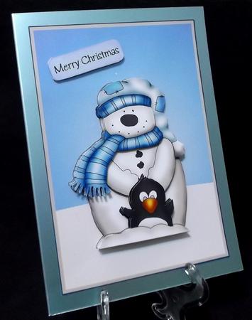 Penguin and Snowman Card Front by Suzi Cooper