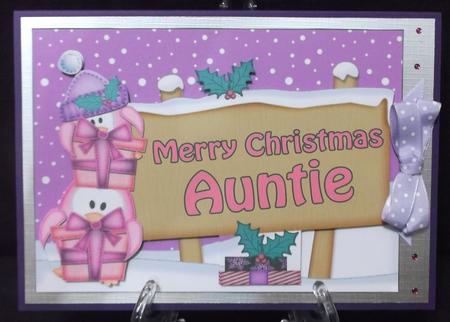 Xmas Auntie Penguins Signpost 5x7 Easicut Decoupage by Suzi Cooper