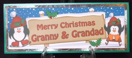Large Dl Xmas Granny & Granda Penguins Signpost 3D Decoupage by Suzi Cooper