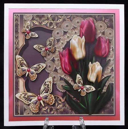 Aubergine Tulips and Butterflies - 8in x 8in Decoupage by Suzi Cooper