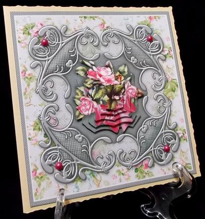 Pink Roses on a Fancy Frame 6in x 6in Pyramage by Suzi Cooper