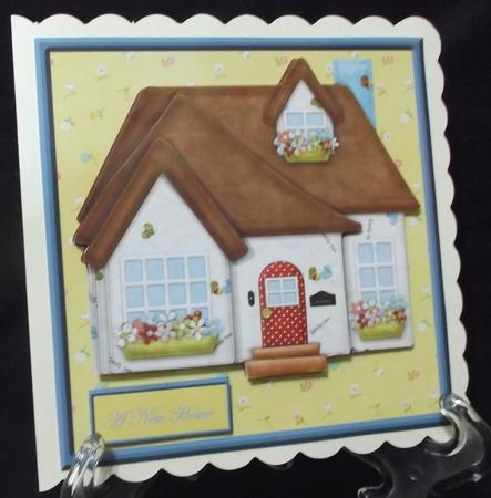 New Home Card Front with Decoupage and Sentiment Tags by Suzi Cooper