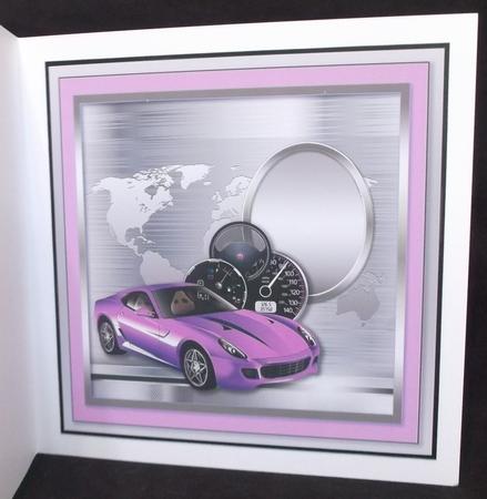 Purple Sports Car on a Silver World Map Matching 8x8 Insert by Suzi Cooper