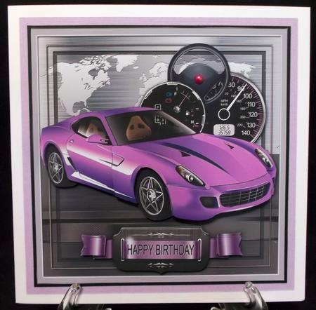 Purple Sports Car on a Silver World Map 8in x 8in Decoupage by Suzi Cooper