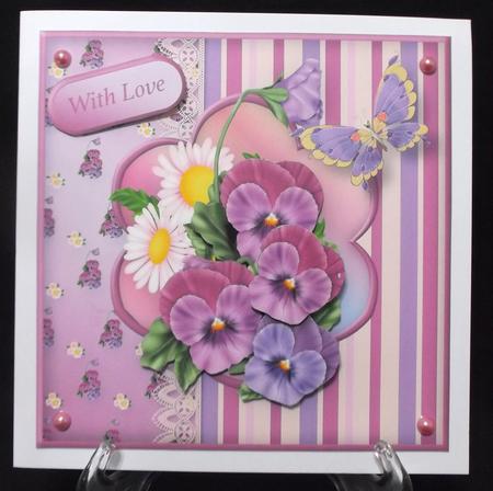 Pansies and Lace Decoupage Card Front by Suzi Cooper