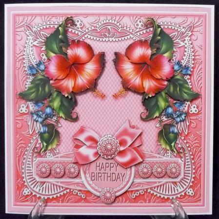 Pink Flowers and Bluebells on a Lace Frame 8inx8in Decoupage by Suzi Cooper