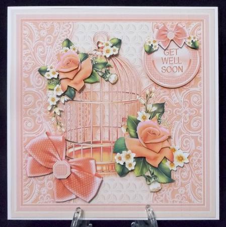 Coral Velvet Roses on a Golden Bird Cage 8in x 8in Decoupage by Suzi Cooper