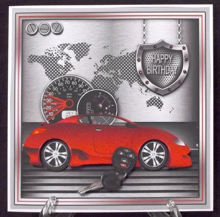 Red Sports Car with Silver Shield Label 8x8 Decoupage Kit by Suzi Cooper