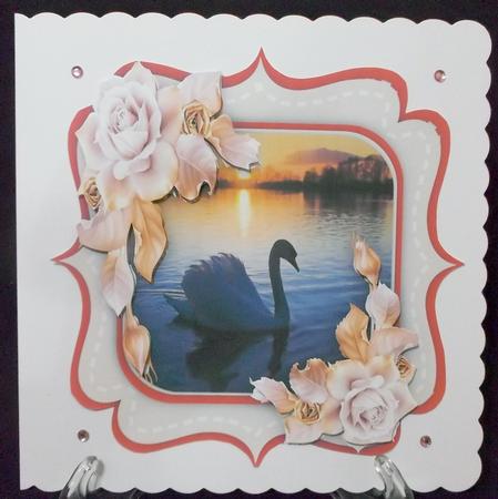 Lovely Shaped Card with Swan at Sunset by Suzi Cooper