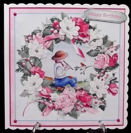 Boy Playing the Flute. Card Topper with Floral Decoupage by Suzi Cooper