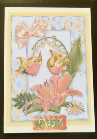Peach Lilies with Little Birds in Flower Frame A4 by SYLVIA Chapman