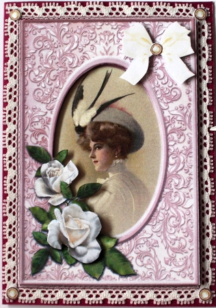 Vintage lady with a bird hat and roses by Taina Kankare