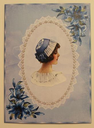 Blue Antique Rose, Lace and Pearl Card Front by Taina Kankare